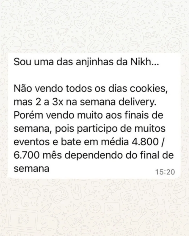 Mensagem de aluna: vendo 2 a 3 vezes por semana no delivery e bate em média 4.800 a 6.700 por mês